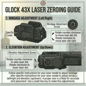 Instructional graphic showing the windage and elevation adjustment points on a Glock 43X laser sight.