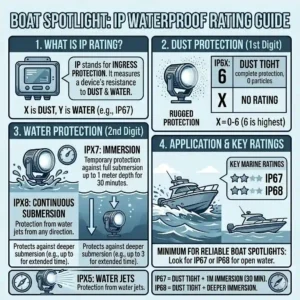 A technical guide explaining IP ratings and the importance of a waterproof boat spotlight in marine environments.