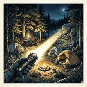 Illustration of a camper using a powerful tactical flashlight with 10000 lumens to fully illuminate an entire campsite and trail.