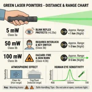 An educational chart detailing the approximate distance and beam range of different power classes of green laser pointers.