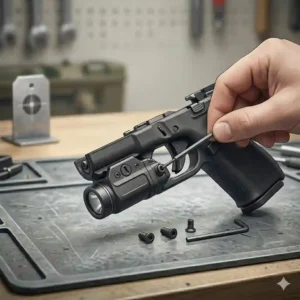 A series of illustrated panels providing a detailed, step-by-step guide for field stripping, mounting, and zeroing a new laser sight on a Glock 43.
