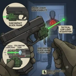 A tactical concept illustration of quick target acquisition using a laser for a glock in low light.