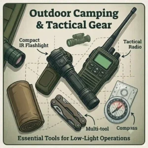 An overhead flat-lay illustration of various outdoor tactical and camping tools, including an infrared flashlight.