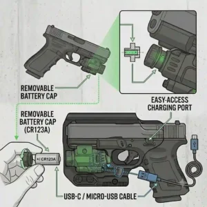 "An illustration showing how to change the battery and charge a glock 19 laser light."