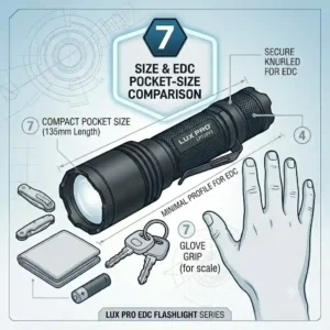 A scale illustration comparing a compact, pocket-sized lux pro flashlight alongside everyday carry items like keys, a wallet, and a pocket knife.