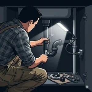 An illustration of a flexible magnetic work light illuminating a dark under-sink pipe and drain trap for a plumber.