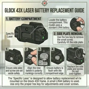 Diagram illustrating how to open the battery compartment on a Glock 43X laser attachment