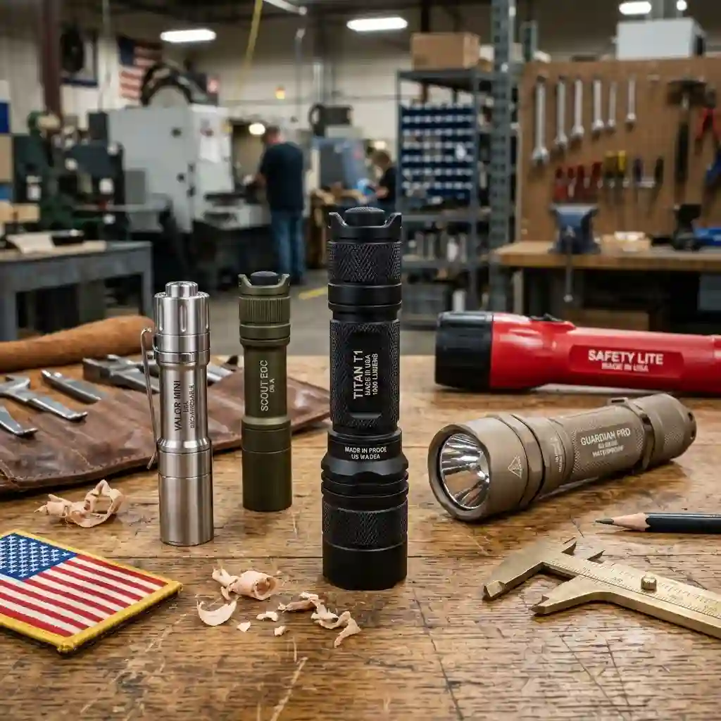 A curated selection of premium american made flashlights arranged on a rustic wooden workshop table.