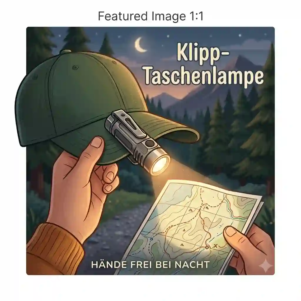 A high-quality clip on flashlight attached to the brim of a baseball cap, illuminating a dark outdoor trail.