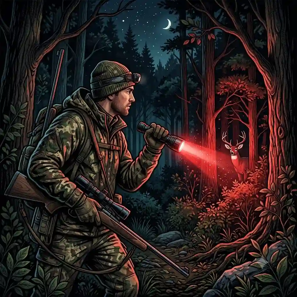 Hunter using a high-lumen hunting flashlight with a red beam filter to spot game in a dark forest at night.