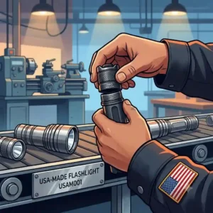 An illustration depicting the precision manufacturing process of heavy-duty american made flashlights inside a USA factory.