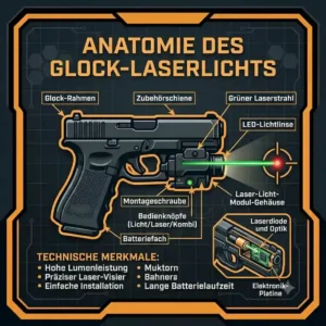 An annotated illustration detailing the core features of a glock laser light attachment, highlighting the battery compartment, toggle switches, and laser diode.