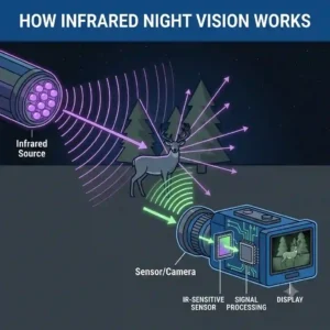 A diagram illustrating the basic process of how infrared lights for night vision are emitted and detected by a sensor.