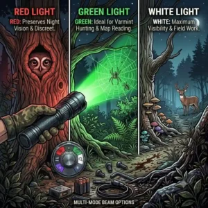 Comparison of red and green beams on a LED hunting flashlight for night vision retention.