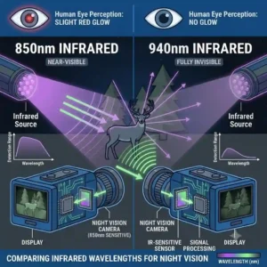 An illustrative chart comparing the invisible beams of 850nm and 940nm infrared lights for night vision.