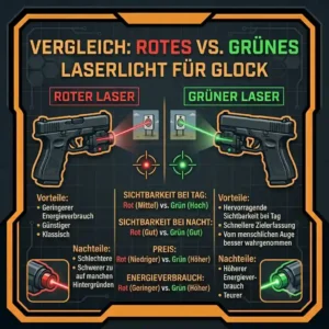 A side-by-side comparison chart illustrating the visibility differences between a red and a green glock laser light in daytime conditions.