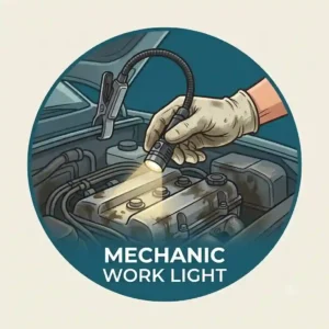 A mechanic using a magnetic clip on flashlight attached to a car hood to light up the engine bay.