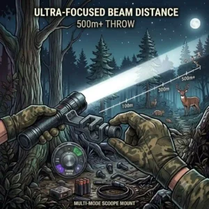Long range tactical hunting flashlight illuminating a tree line 500 yards away.