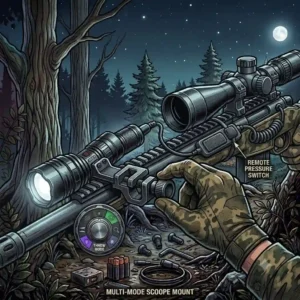 Rifle-mounted hunting flashlight equipped with a remote pressure switch.