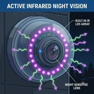 A detailed illustration of a modern security camera utilizing its built-in array of infrared lights for night vision.