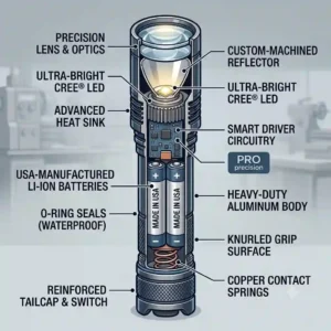 A detailed cross-section diagram showing the internal components, LED bulb, and battery chamber of high-quality american made flashlights.
