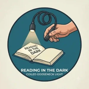 A flexible clip on flashlight clamped onto the cover of a hardcover book for bedside reading.