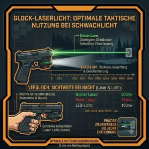 A stylized illustration of a shooter using a glock laser light combo to illuminate a dark room during home defense practice.