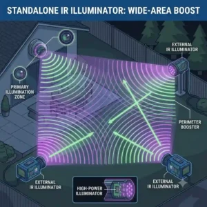A guide diagram showing the optimal placement of standalone infrared lights for night vision to cover a wide backyard.