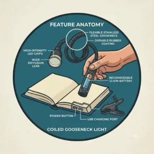 An infographic illustrating the features of a modern clip on flashlight, highlighting the heavy-duty clip and USB charging port.