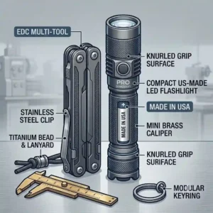 An everyday carry pocket gear layout featuring a compact american made flashlights alongside a pocket knife and keys.