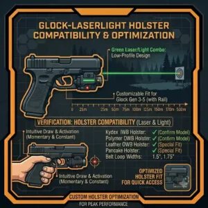 An illustration showing how a Glock handgun fitted with a tactical glock laser light fits perfectly into a custom-molded Kydex holster.