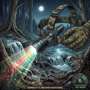 Waterproof LED hunting flashlight lying on wet leaves during rainy night hunt.