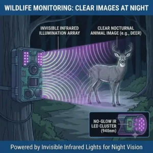 A conceptual scene depicting a wild deer in a dark forest illuminated by the trail camera’s invisible infrared lights for night vision.