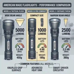 A graphic illustration comparing the beam distance and lumens power of various american made flashlights.