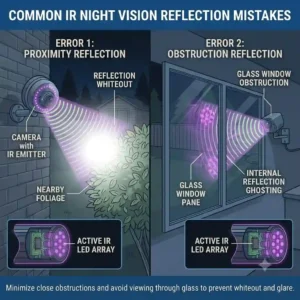 An infographic displaying the "whiteout" glare caused when infrared lights for night vision reflect off nearby foliage.