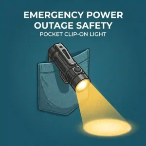 A compact clip on flashlight secured to a shirt pocket, providing light during a household power outage.