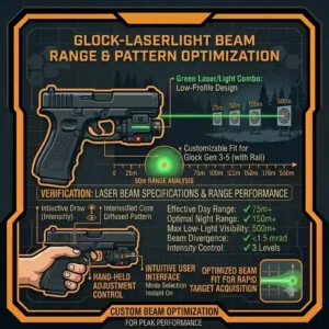An infographic illustrating the effective lumens output and beam distance of a modern glock laser light combination unit.