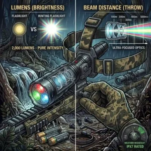 Hunter wearing a powerful hunting flashlight headlamp for hands-free trail tracking.