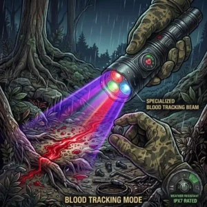 Specialized blood tracking hunting flashlight highlighting game trails in low light conditions.
