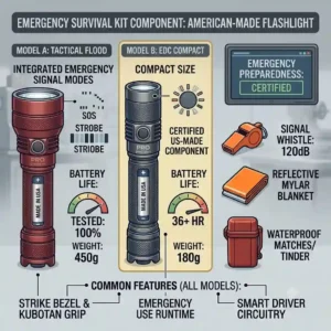 A home emergency readiness kit containing a first aid supply box, water, and a reliable american made flashlights.