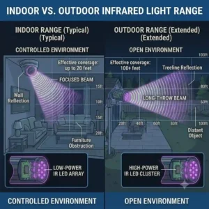 A schematic comparison showing the effective distance coverage of infrared lights for night vision in an indoor room versus an open yard.
