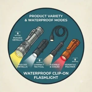 A lineup of various waterproof clip on flashlight models showing different color options and beam angles.